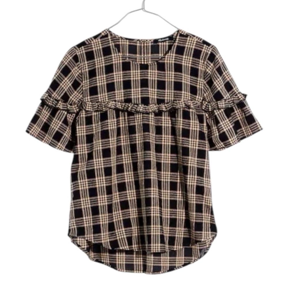 Madewell Black Tan Metallic Gold Plaid Ruffle Yoke Top in Metallic Plaid - L